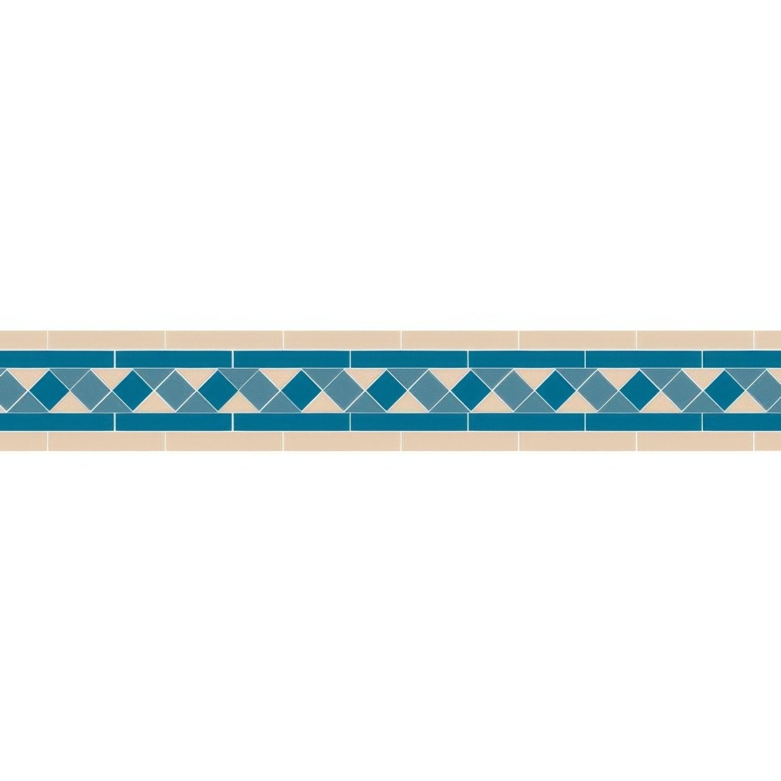 Beige and teal mosaic tile border with a repeating diamond pattern from Joyce Blue and Pugin Blue collection
