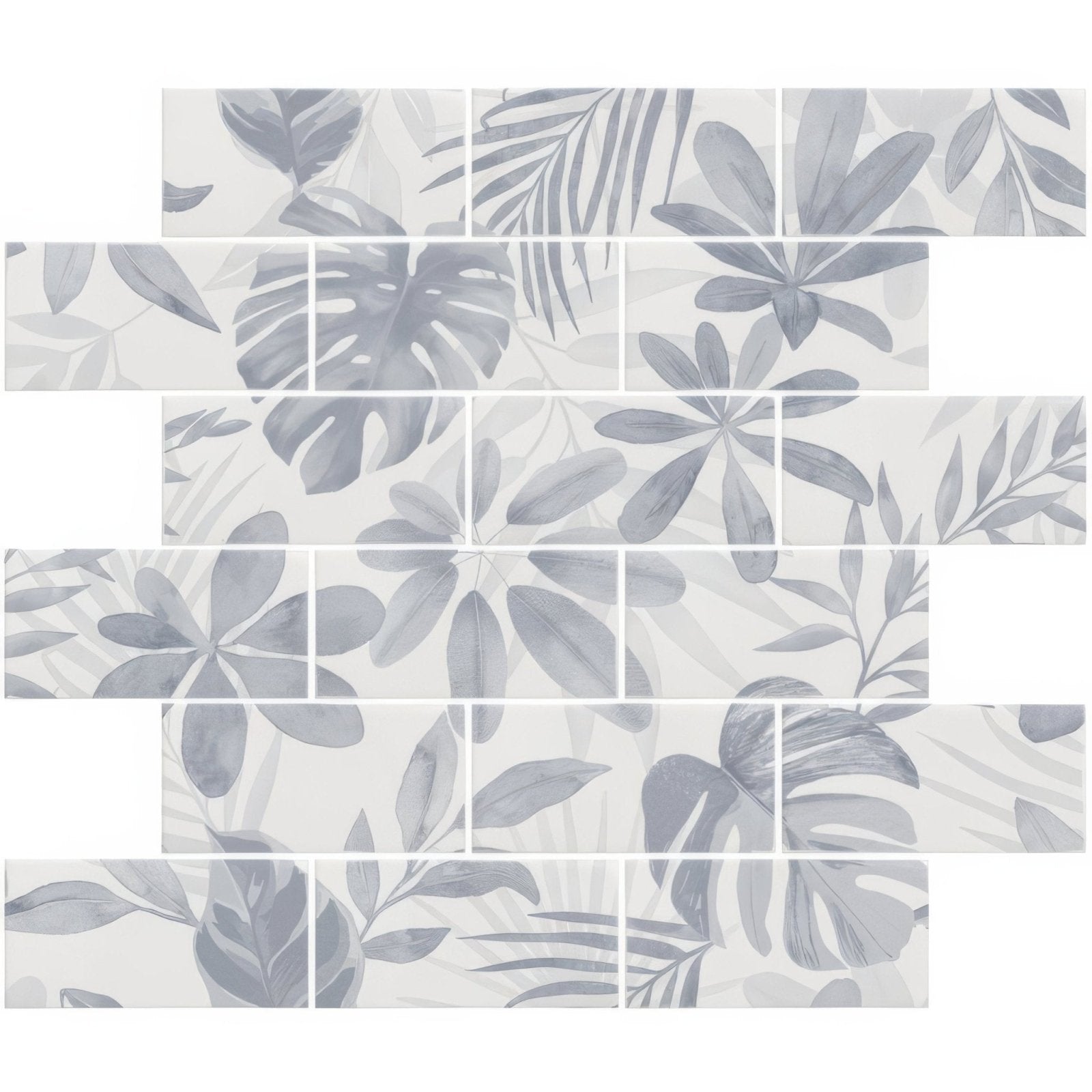 Gray tropical leaf patterned rectangular mosaic tile in jungle grove blue 18 tile panel for wall decoration