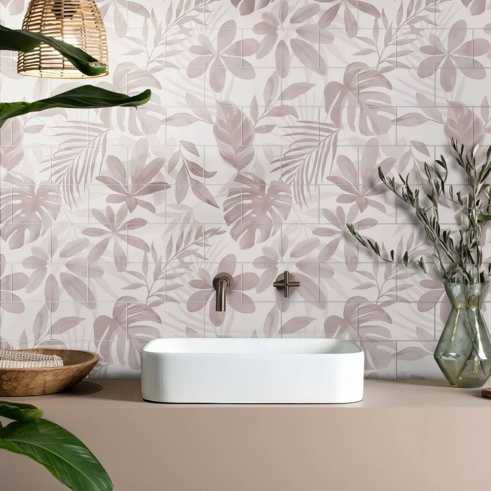 White rectangular ceramic vessel sink paired with jungle grove pink 18 tile panel bathroom design