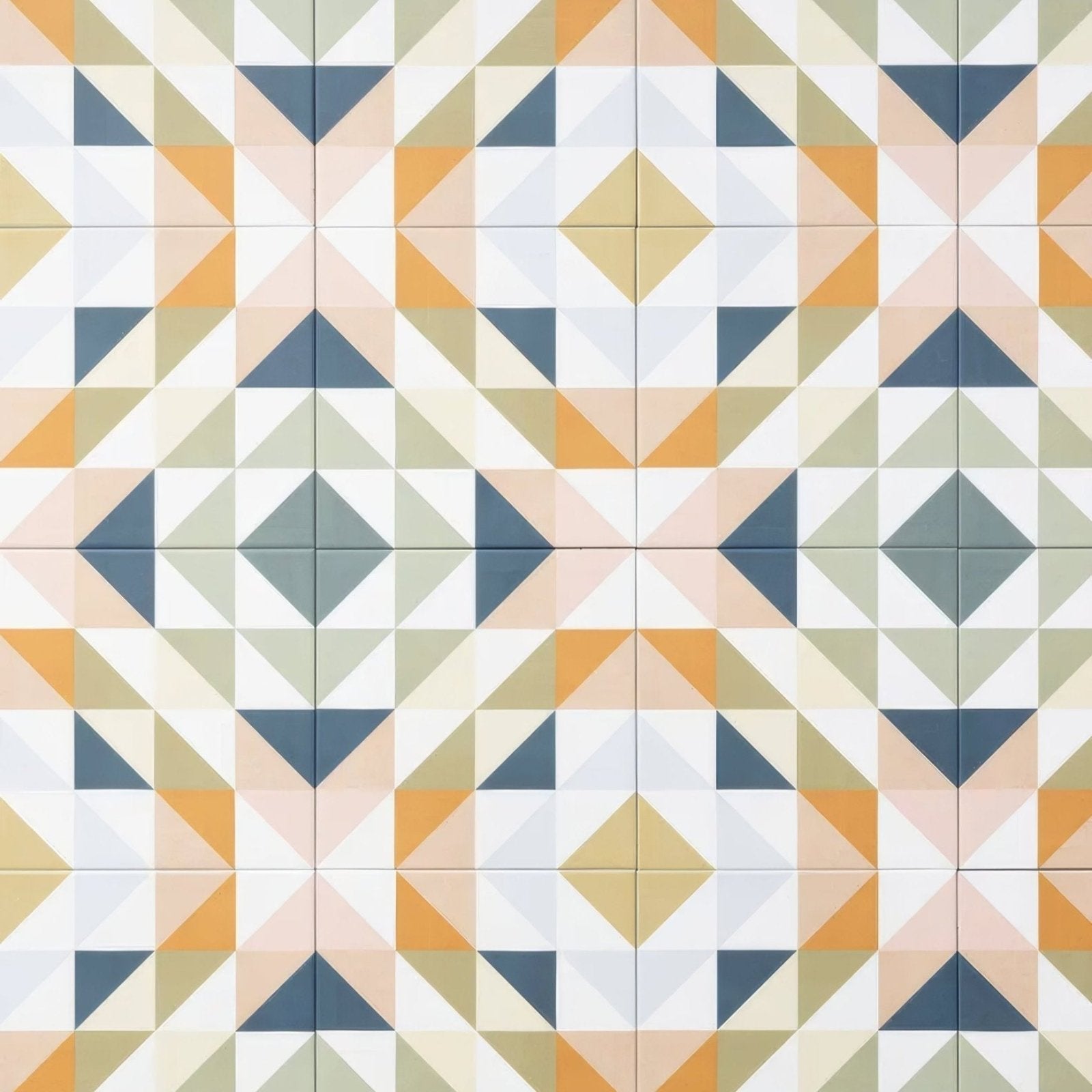 Kaleidoscope porcelain fritillary geometric patterned ceramic floor tiles with beige orange navy and white tones