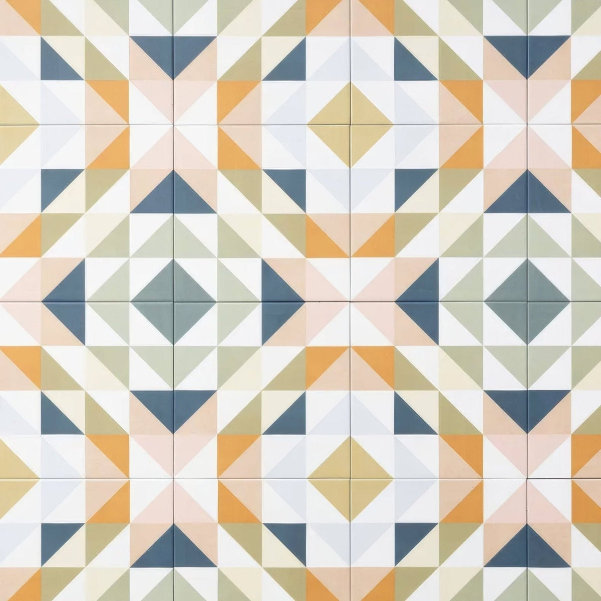 Kaleidoscope porcelain fritillary geometric patterned ceramic floor tiles with beige orange navy and white tones