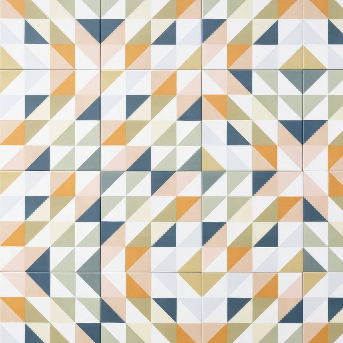 Kaleidoscope porcelain fritillary ceramic wall tiles with geometric interlocking triangles in white orange beige and navy blue