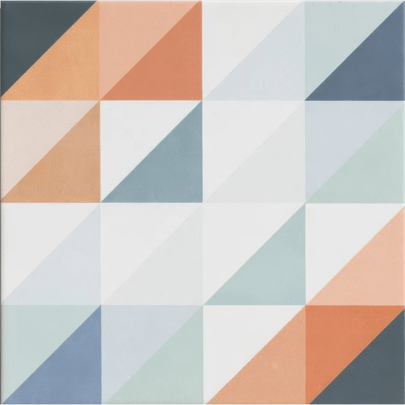 Geometric kaleidoscope porcelain peacock tile with modern abstract interlocking triangles in terracotta blue-gray and white