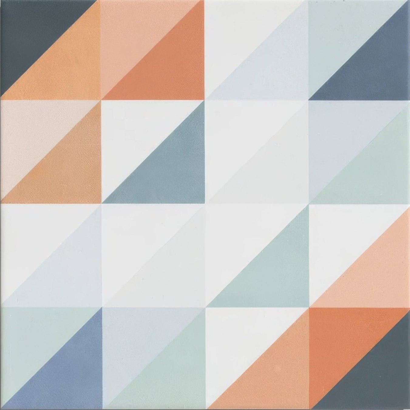 Kaleidoscope porcelain peacock geometric tile with modern abstract interlocking triangles in muted orange blue-gray and white