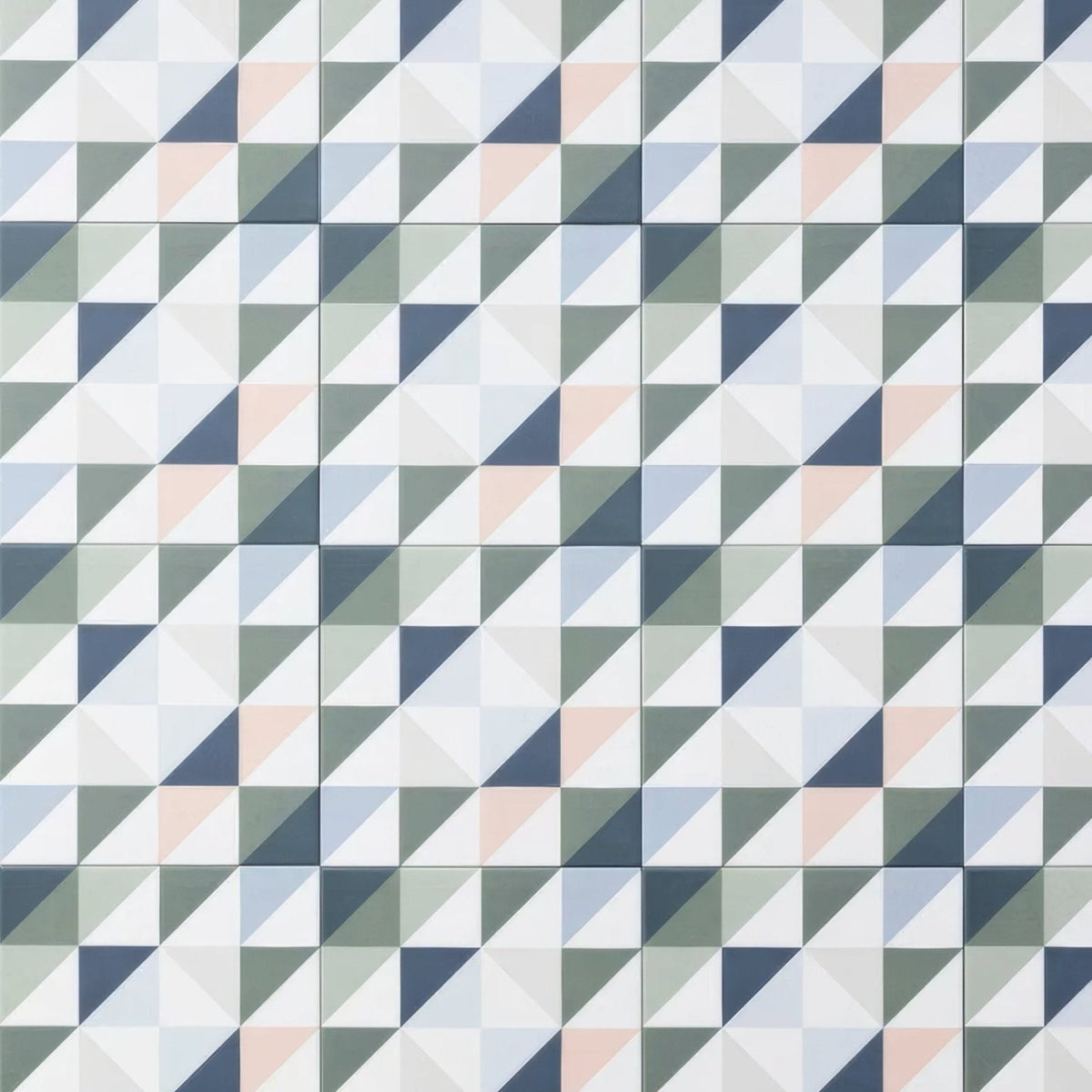 Kaleidoscope porcelain skipper geometric patterned tiles with interlocking white pink blue gray and navy triangles