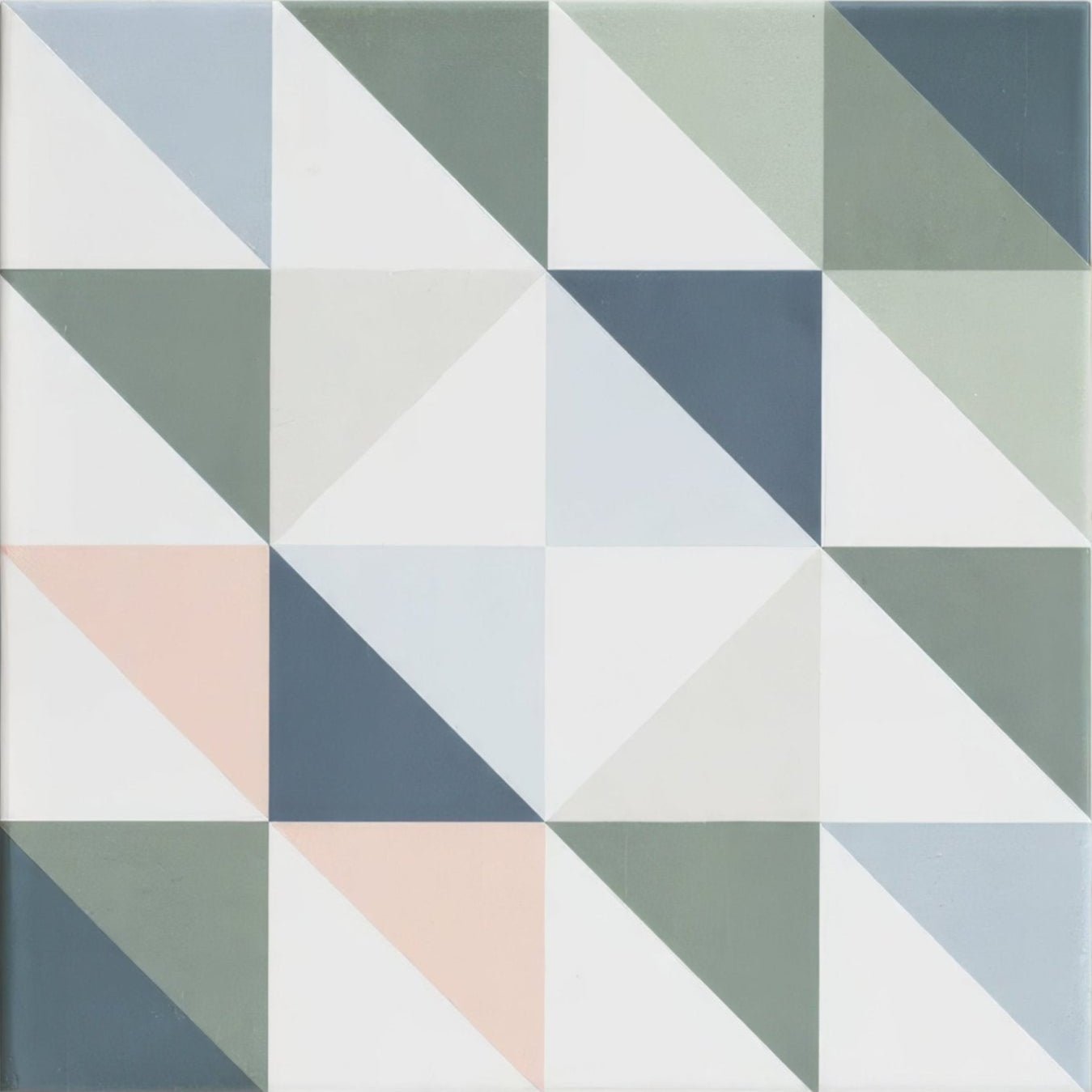 Kaleidoscope porcelain skipper tile with geometric interlocking triangles in muted gray blue and soft pink colors