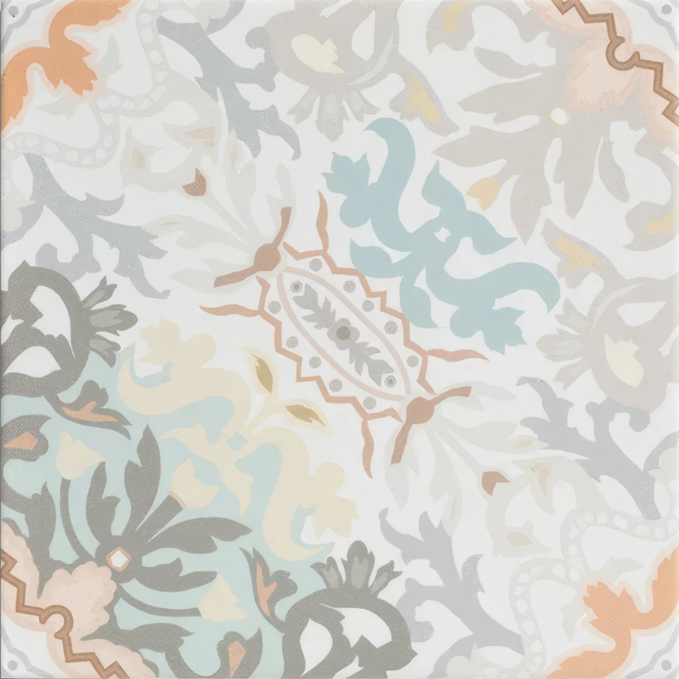 Kashmir porcelain earthern wallpaper with intricate repeating floral pattern in pastel teal gray peach and cream tones