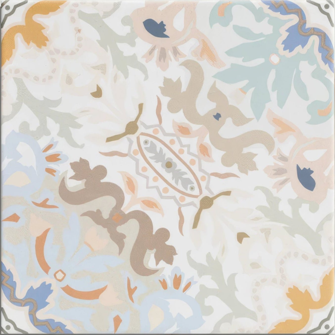 A square Kashmir porcelain tile with a delicate pastel floral and abstract pattern in blue beige orange and gray
