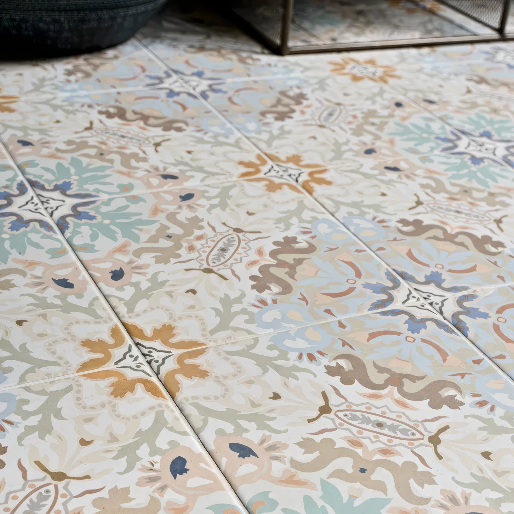 Patterned kashmir porcelain pastel ceramic floor tiles with intricate floral and geometric designs in muted pastel tones