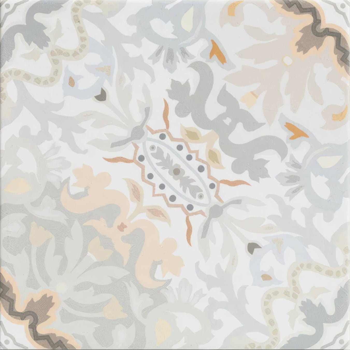 A square ceramic tile with vintage-inspired floral and paisley pattern in soft gray beige and muted orange for Kashmir Porcelain Plaster