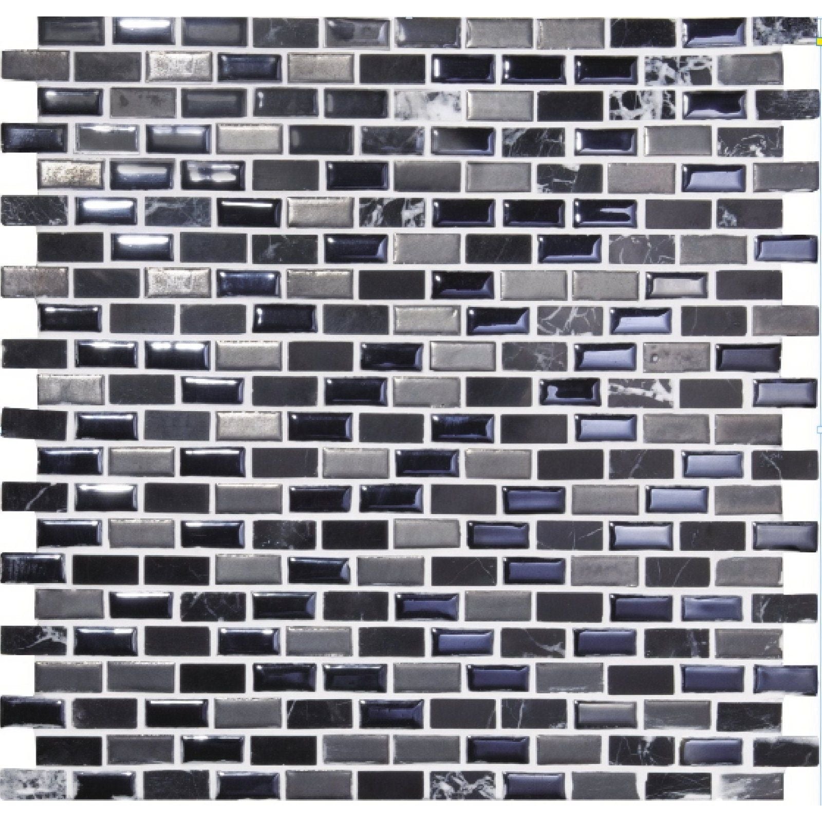 Black and gray rectangular glass mosaic tile with marble veining patterns from kauali brickbond mixed mosaics
