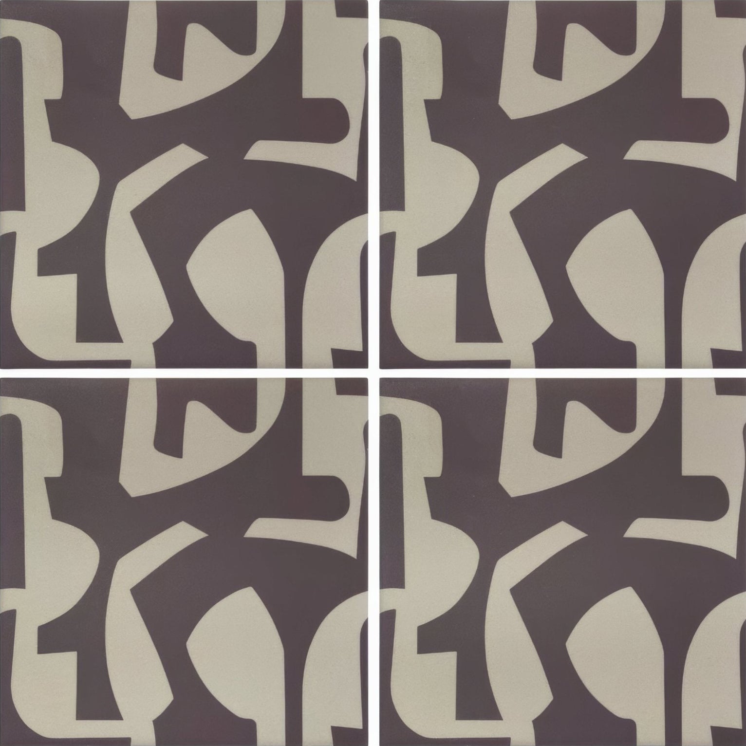 Dark gray ceramic tiles with off-white abstract geometric pattern from kelly hoppen puzzle beige and black collection