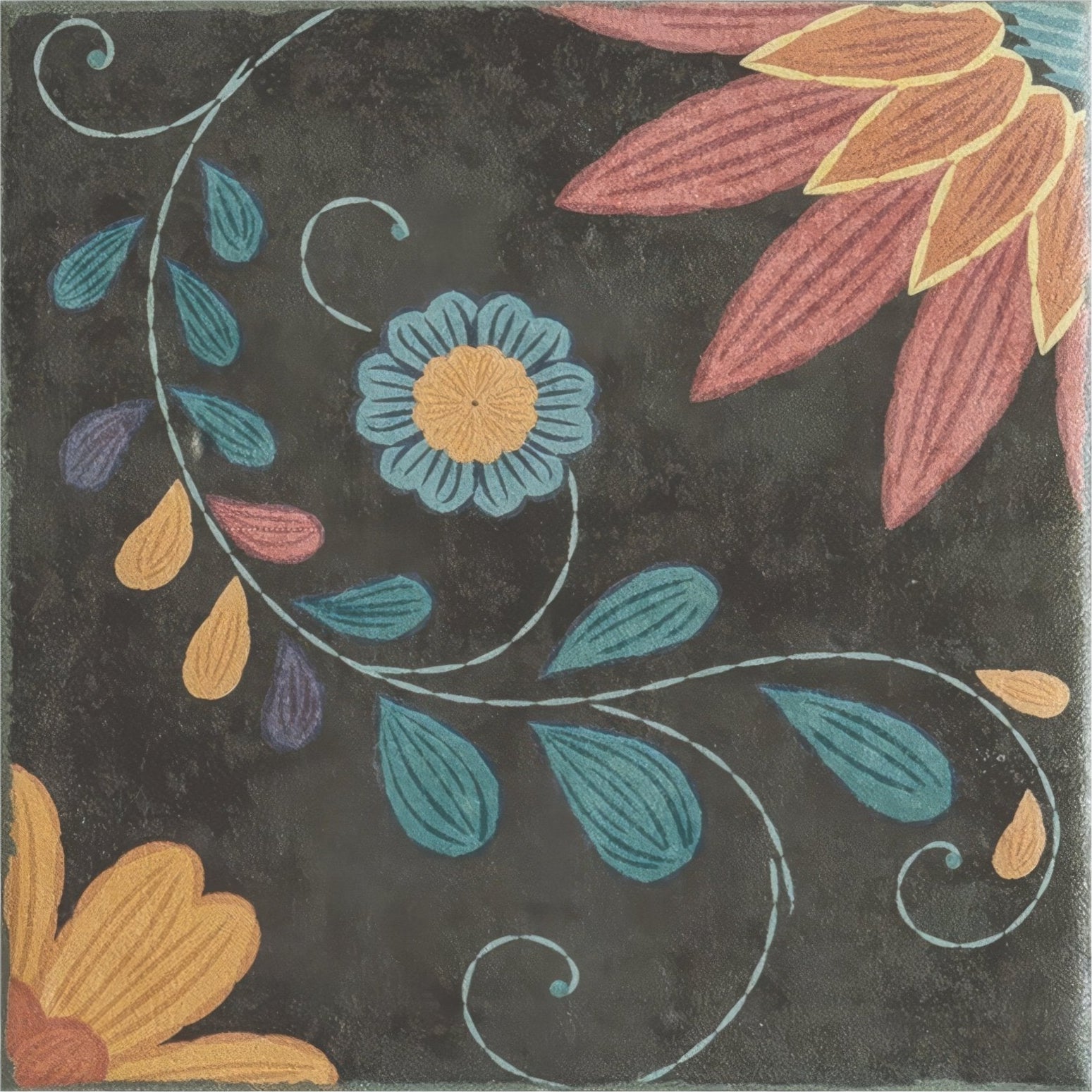 Kelmscott Blackwell patterned decorative square tile with dark textured background and teal yellow pink purple floral motifs
