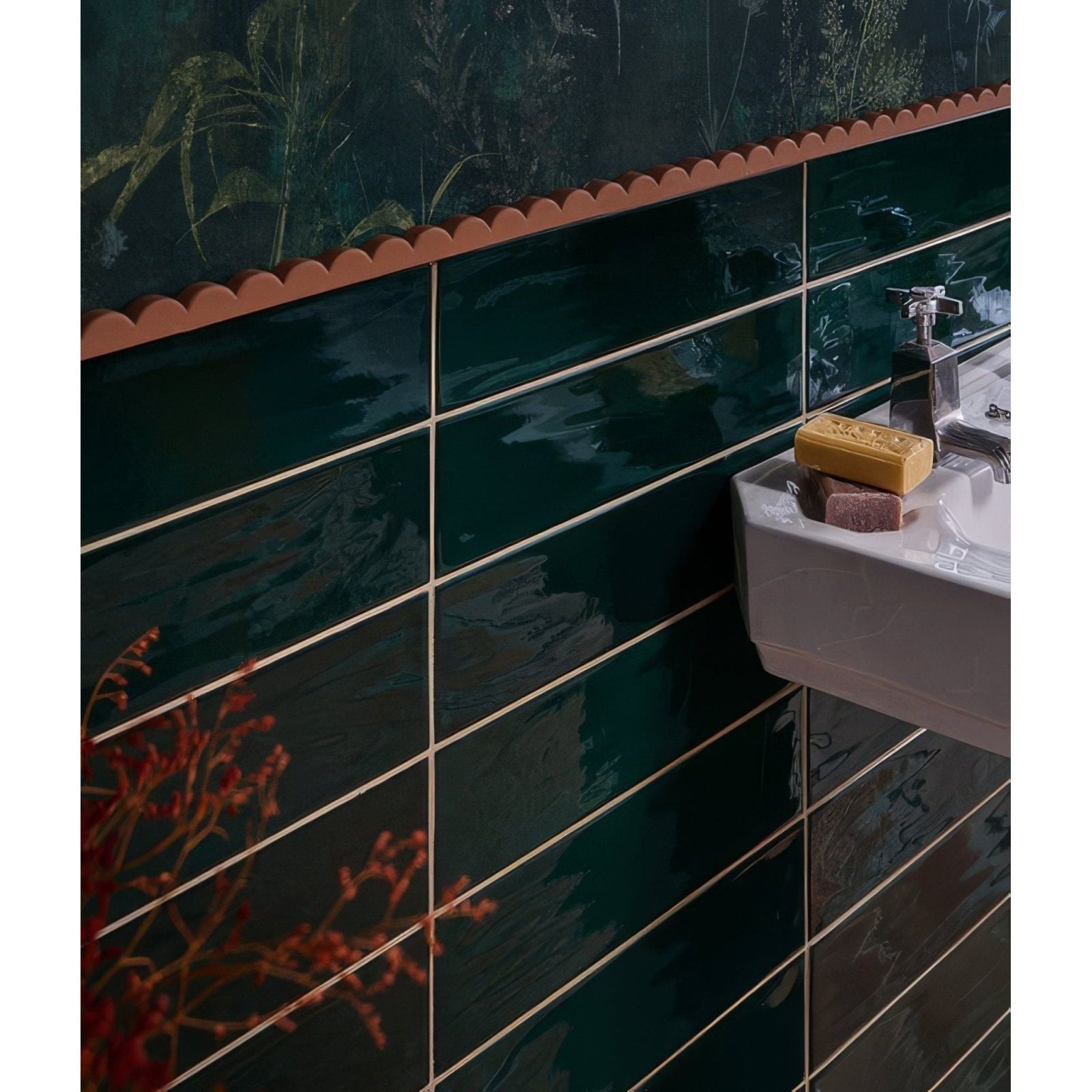 Kennet porcelain bottle green deep emerald glossy subway tiles with scalloped copper trim on top edge