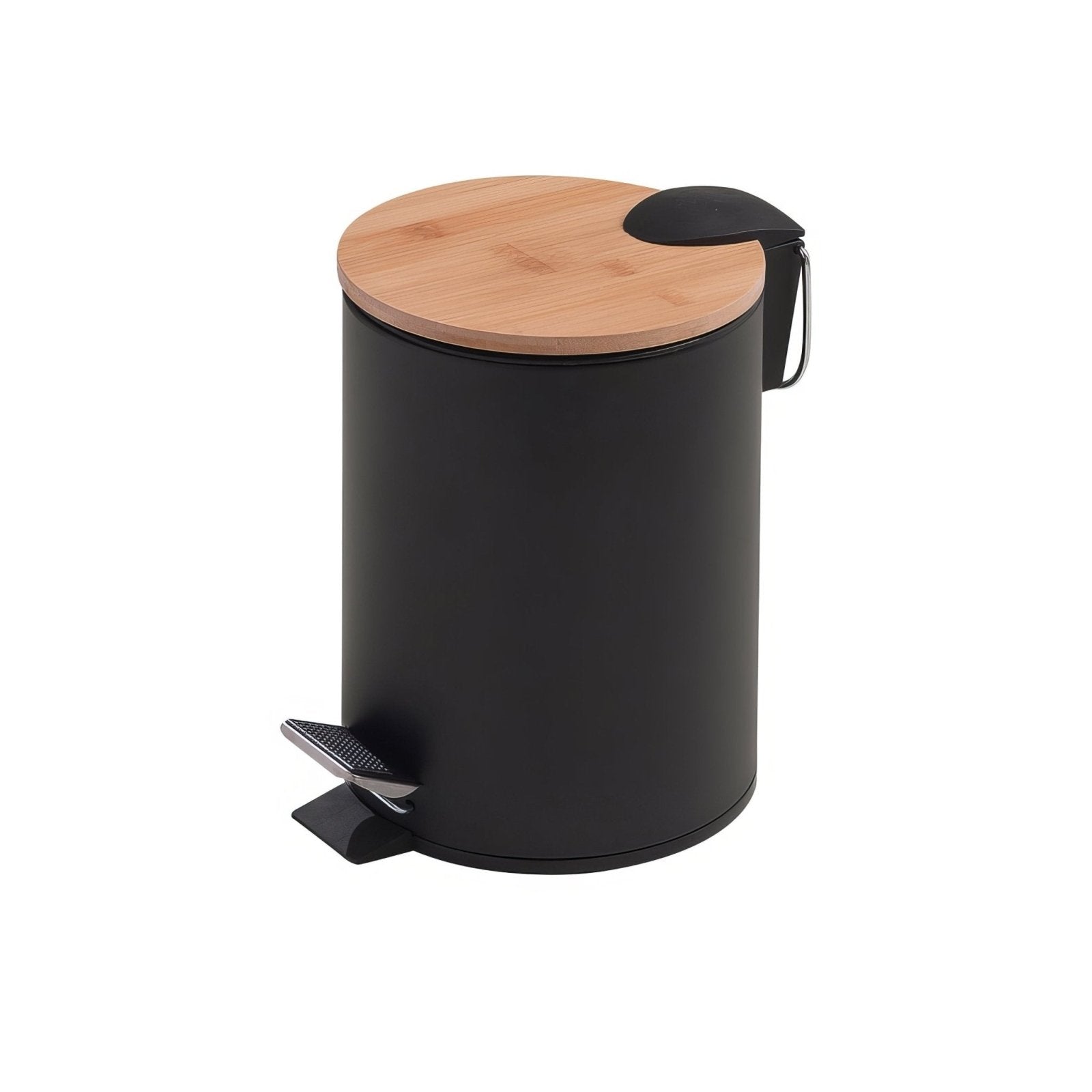 Black cylindrical pedal bin with light wood bamboo lid and black foot pedal for hands-free trash disposal