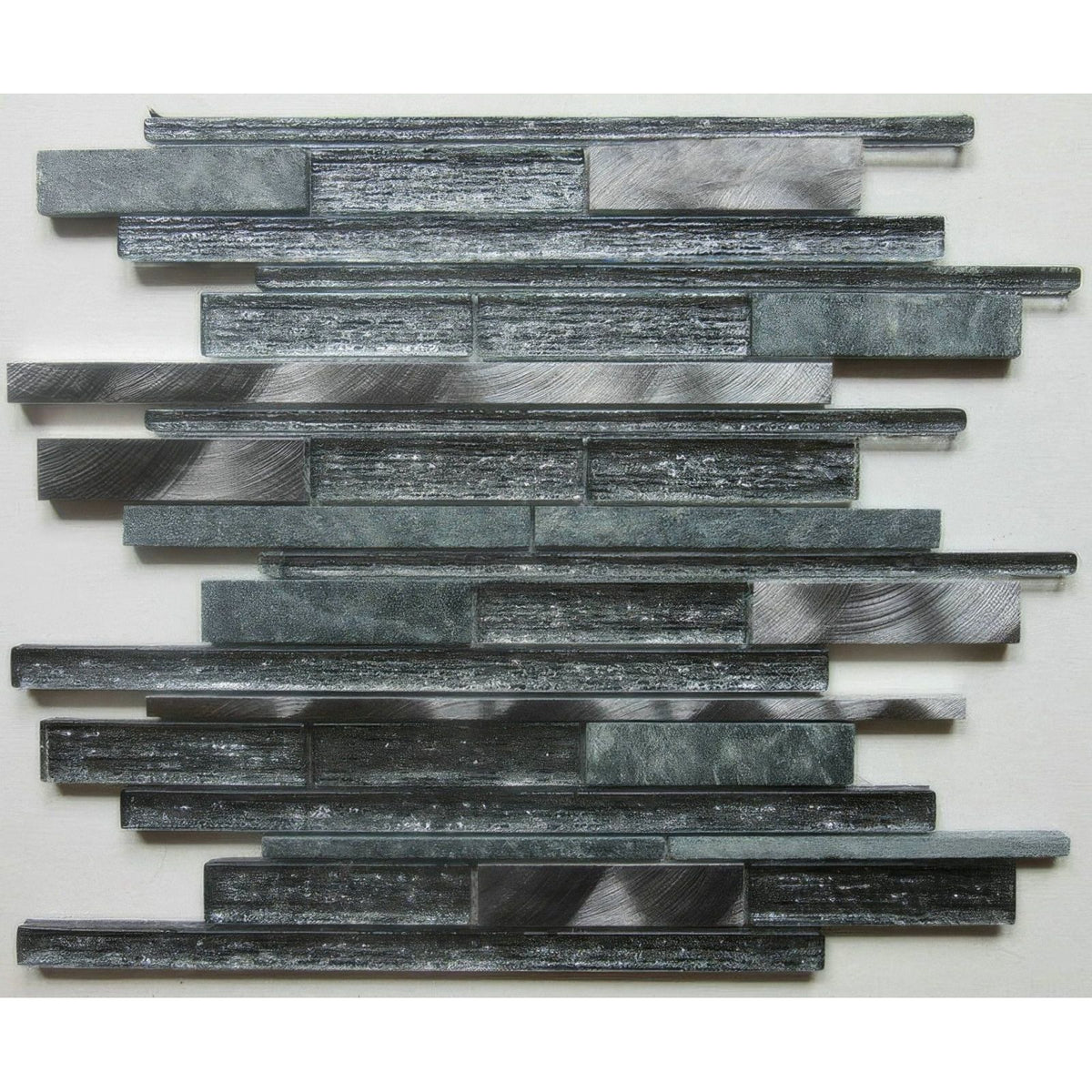 Gray and silver metallic kenton grey glass stone metal mix mosaic tile with textured wood-grain pattern