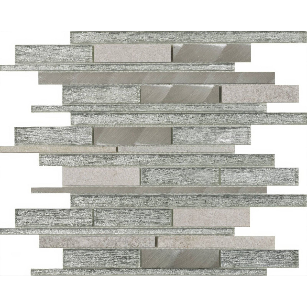 Silver-toned kenton silver glass stone metal mix mosaic tile panel with brushed metal and textured glass strips in horizontal pattern