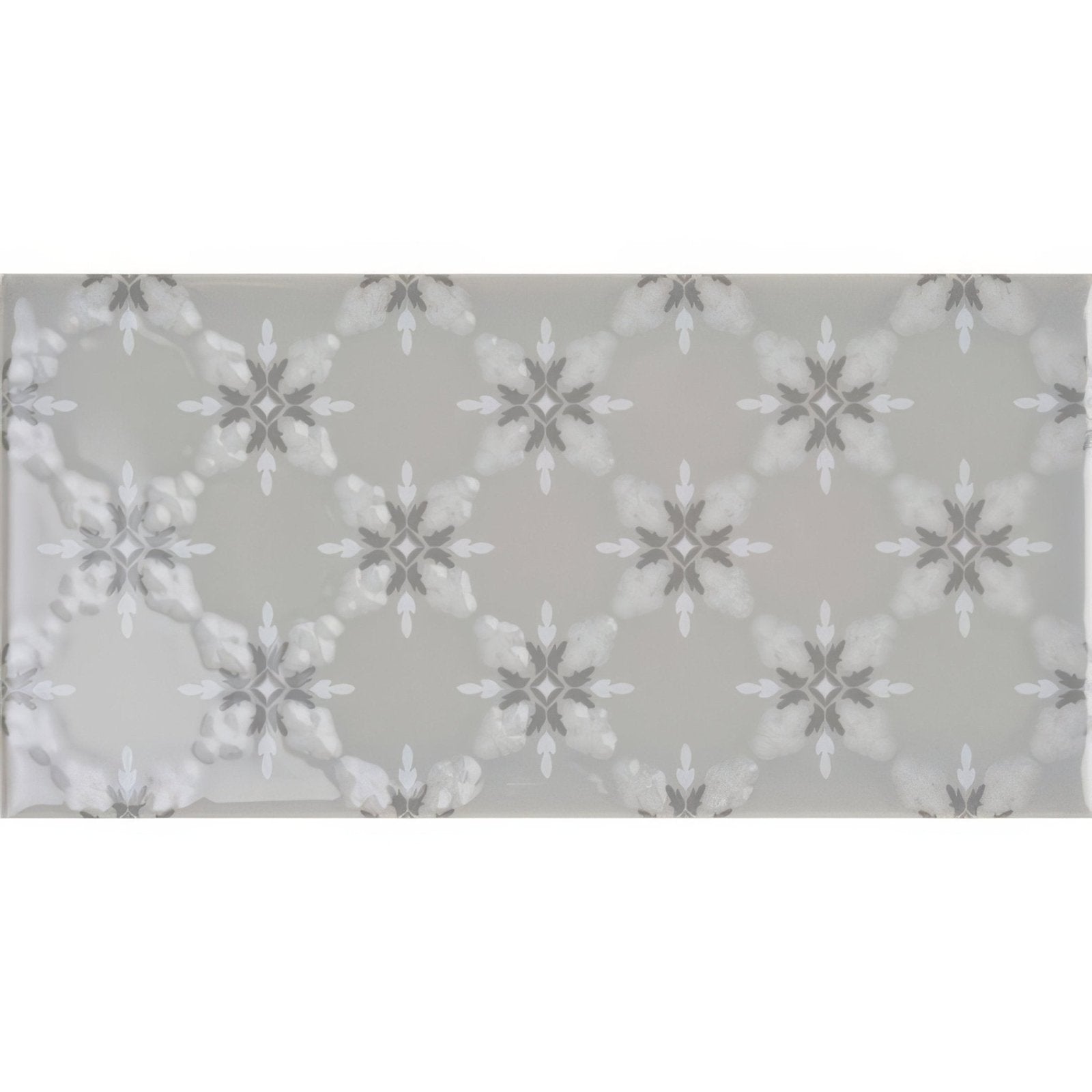 Gray rectangular tile kew on dunwich with a repeating pattern of white and dark gray snowflake motifs