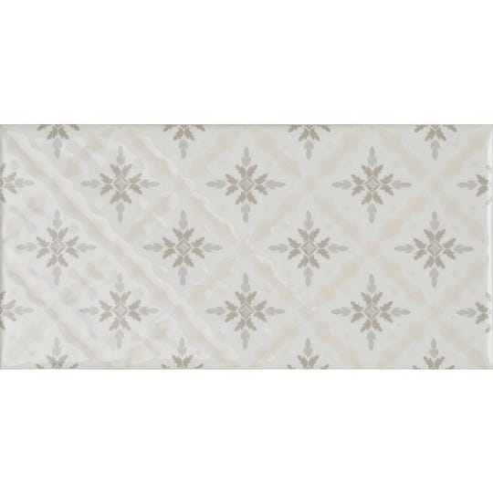 Beige rectangular tile from kew on helmingham vintage with metallic gray snowflake pattern on textured surface