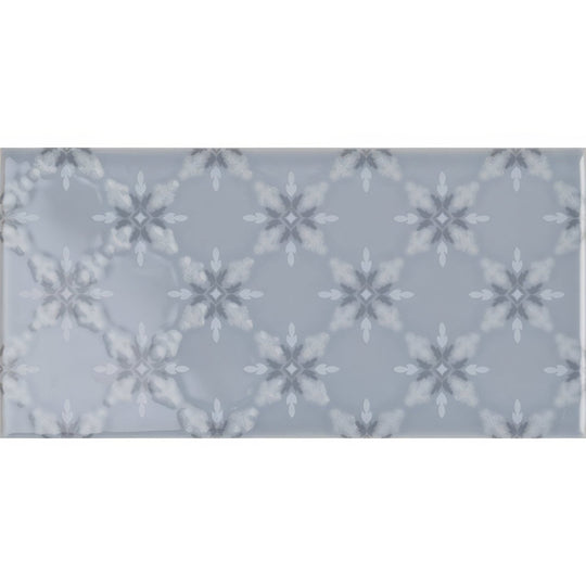 Gray rectangular tile kew on snape with subtle repeating white and light gray snowflake patterns suitable for flooring