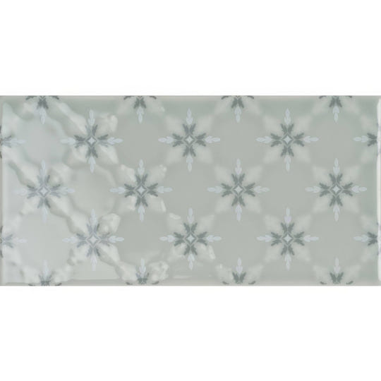 A rectangular ceramic tile kew on sudbury with muted sage green glaze and light gray starburst pattern