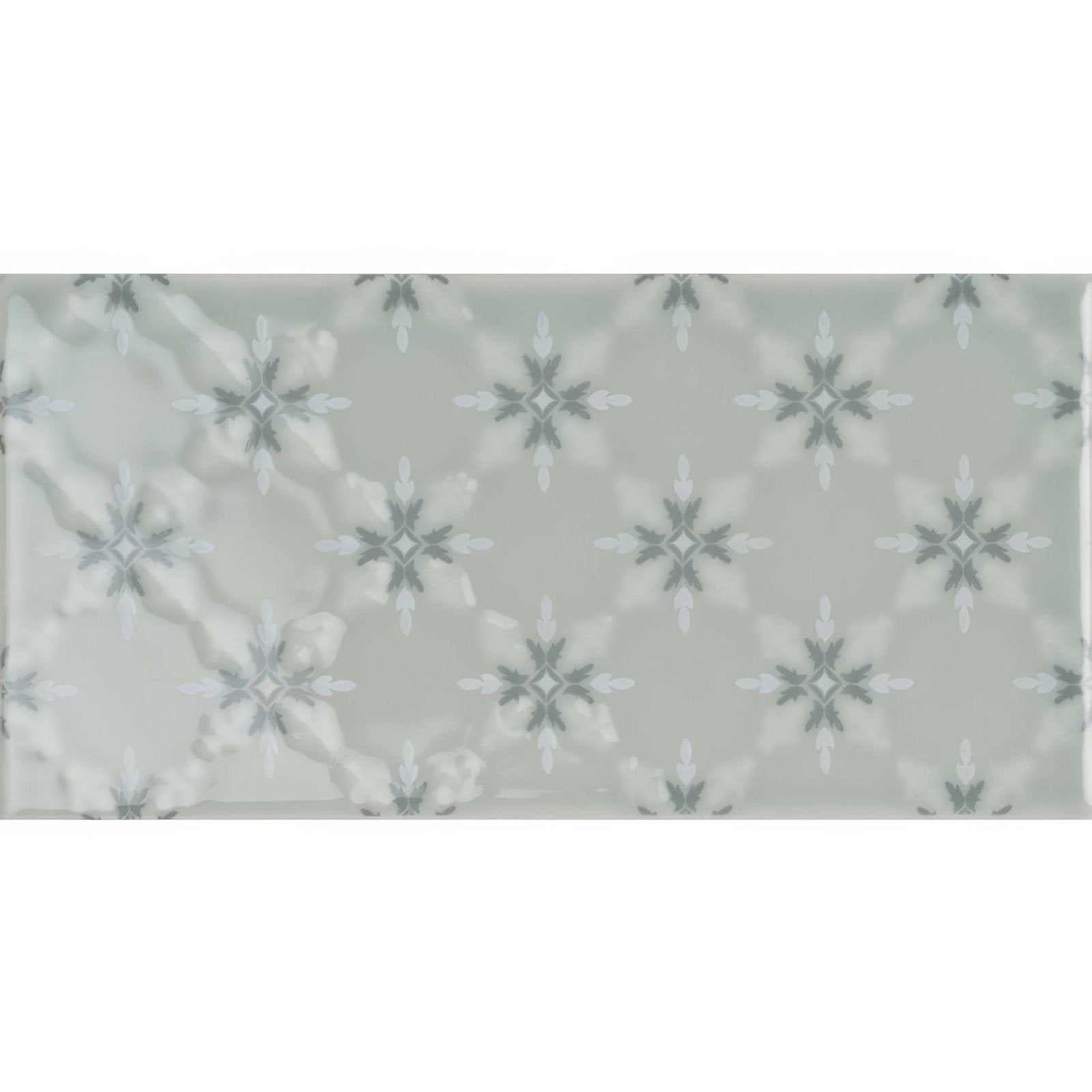 A rectangular ceramic tile kew on sudbury with muted sage green glaze and light gray starburst pattern