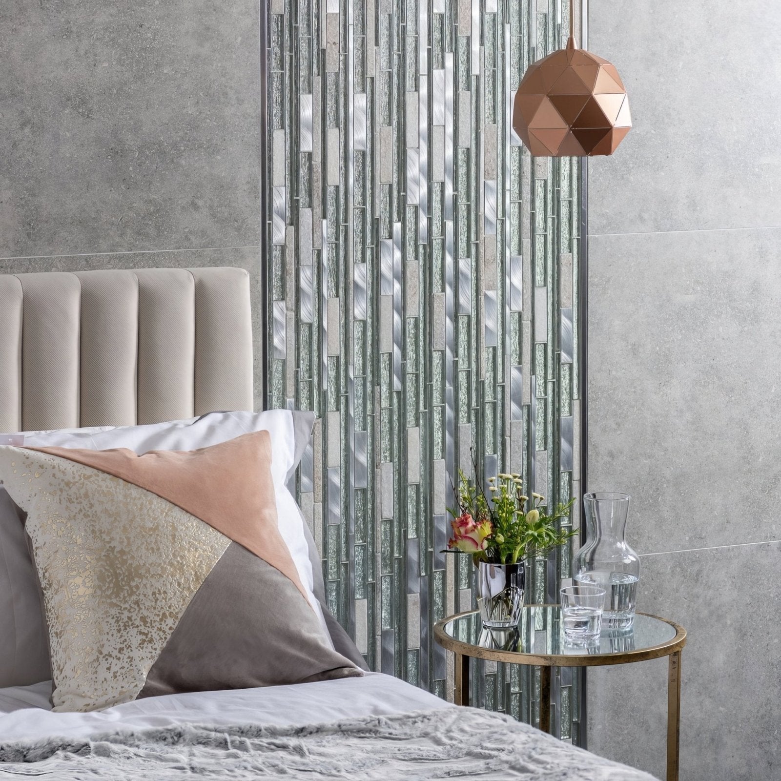 Khalifa Linear Mixed Mosaic light blue, grey and white linear glass mosaic with a copper pendant light