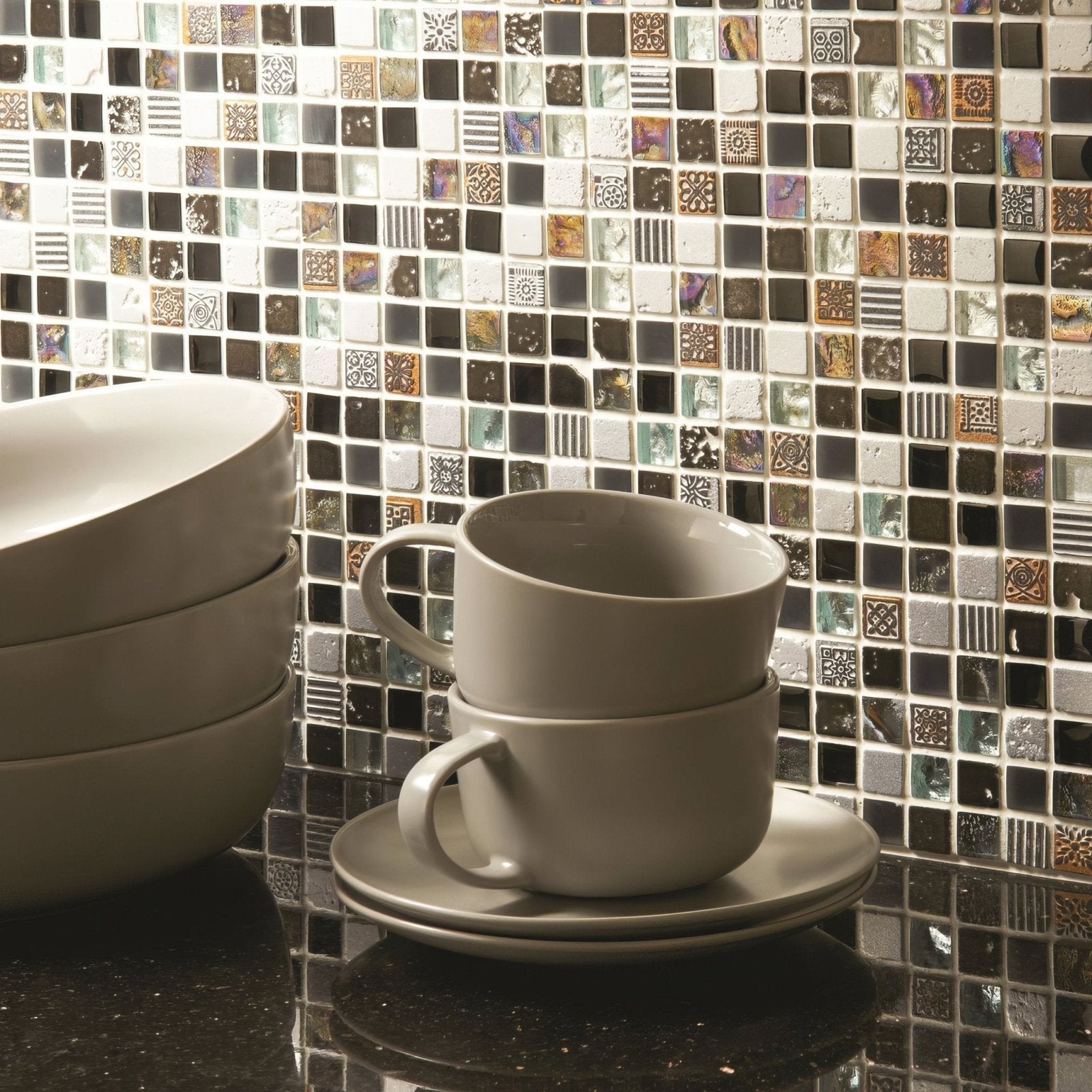 Stack of beige ceramic coffee cups with matching saucers from khois mosaic set for elegant coffee serving