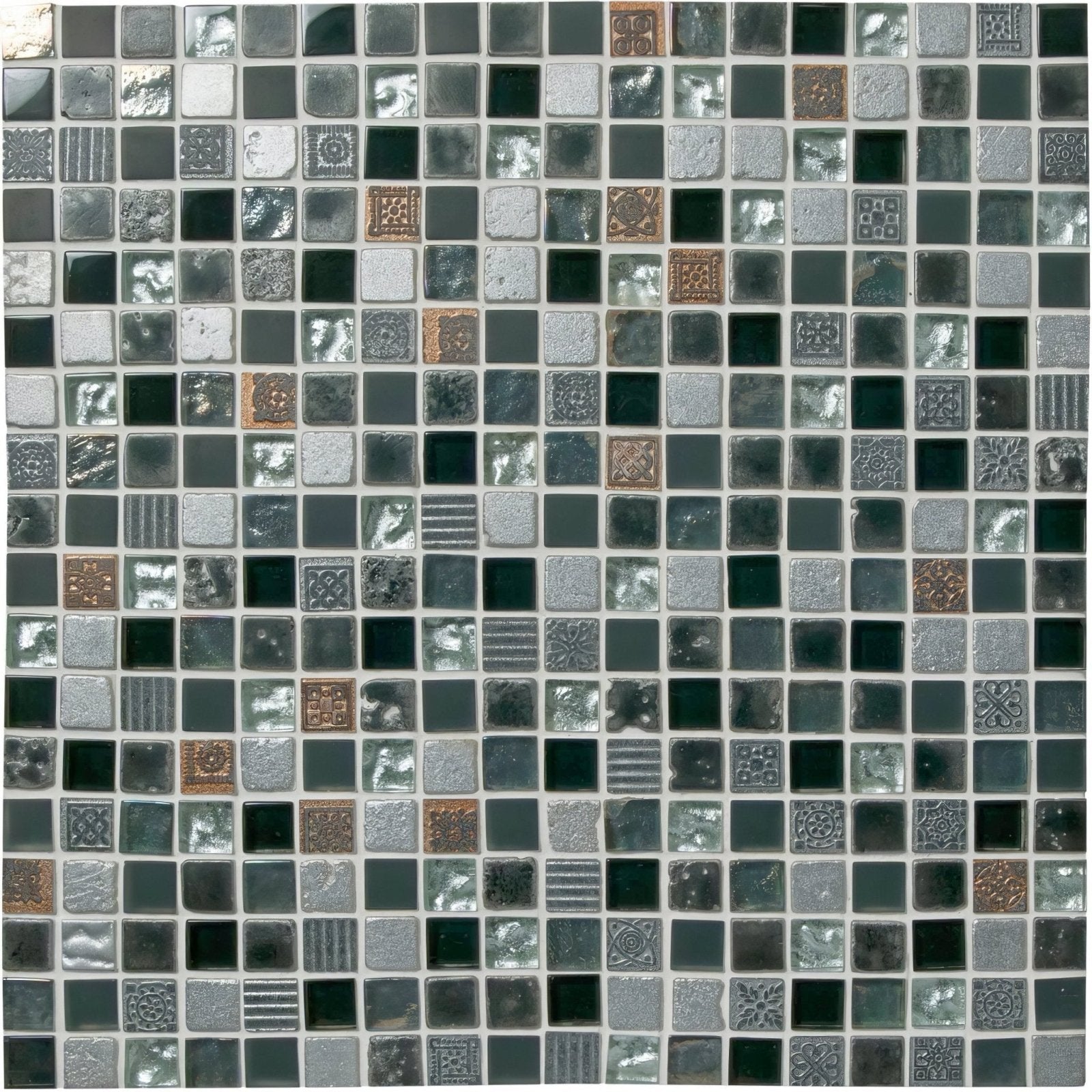 Khois mosaic tile panel with dark gray silver and copper square tiles featuring embossed and metallic textured patterns