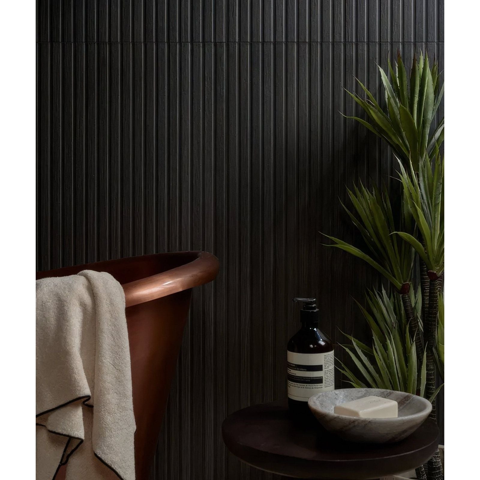 Dark vertical-striped ebony porcelain wall panel from kinfolk with a sleek modern design for interior use