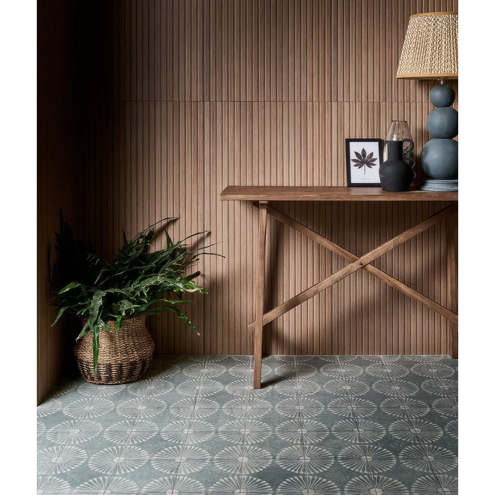 Wooden console table kinfolk porcelain nut with crossed legs and natural finish for stylish storage and display