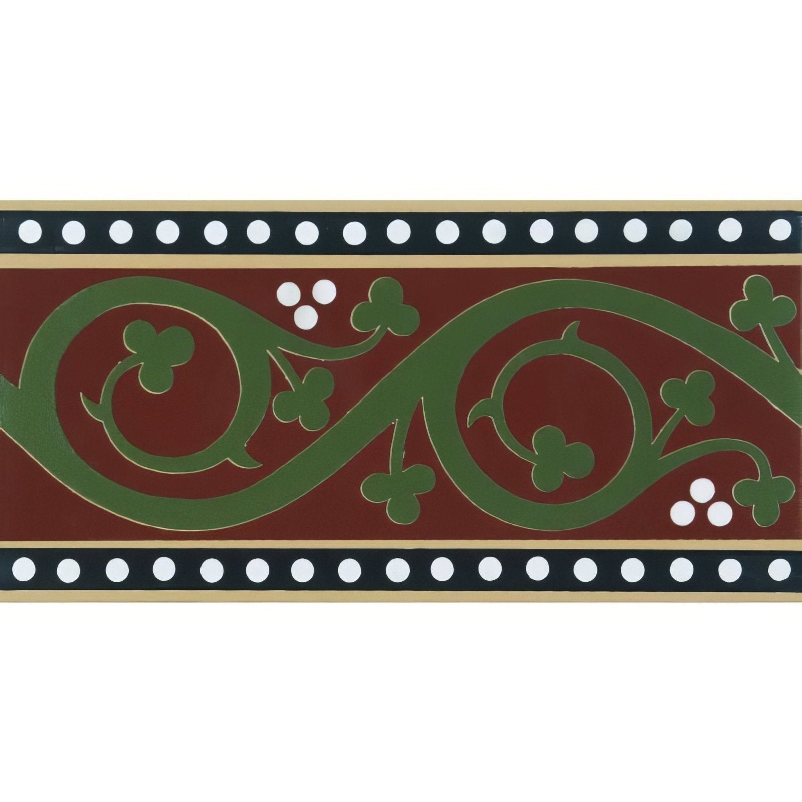 Kitchener border green decorative ceramic tile with burgundy background green vine clover pattern and black white bordered frame