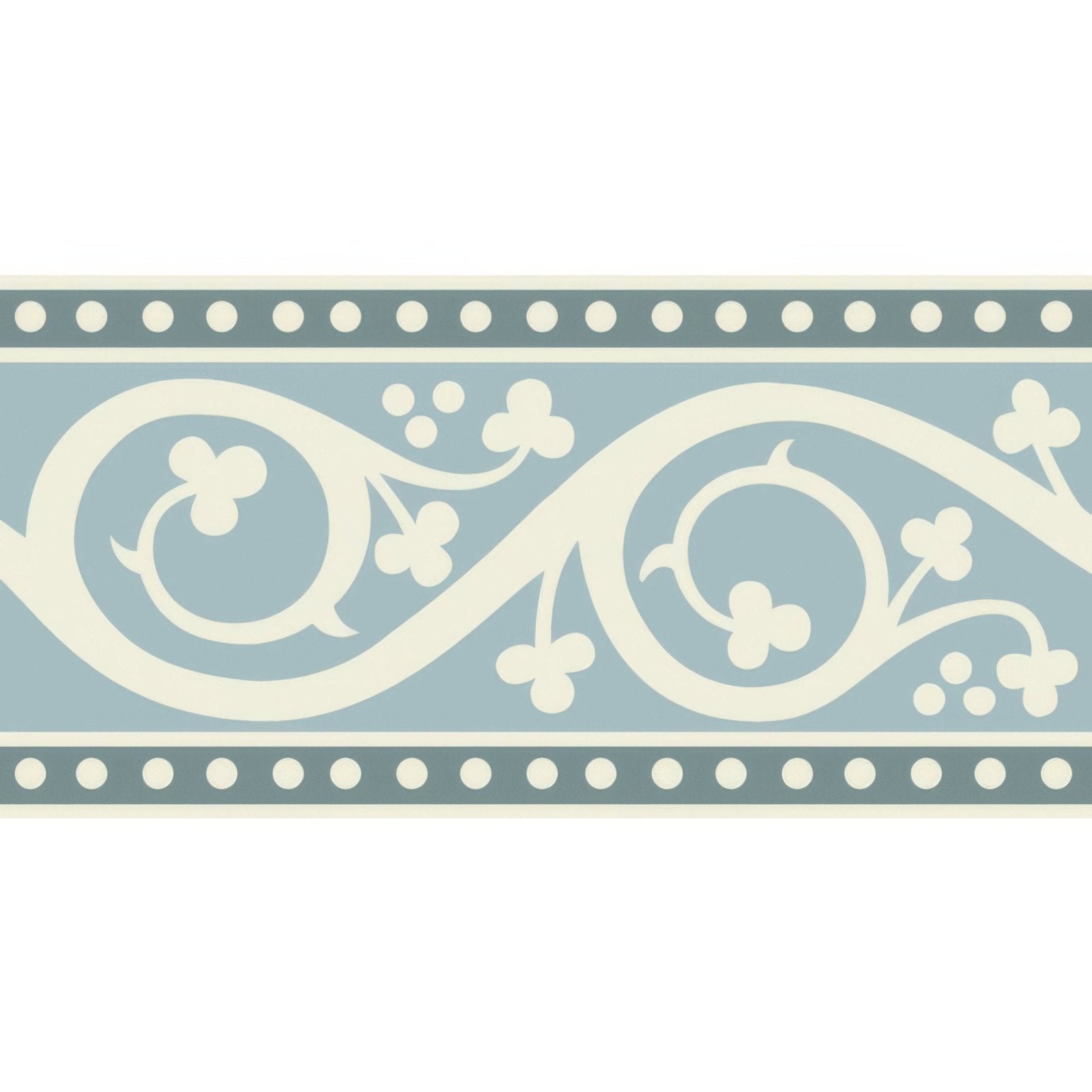 A kitchener border grey decorative border with cream swirling vines and clover motifs on a light blue dover white background