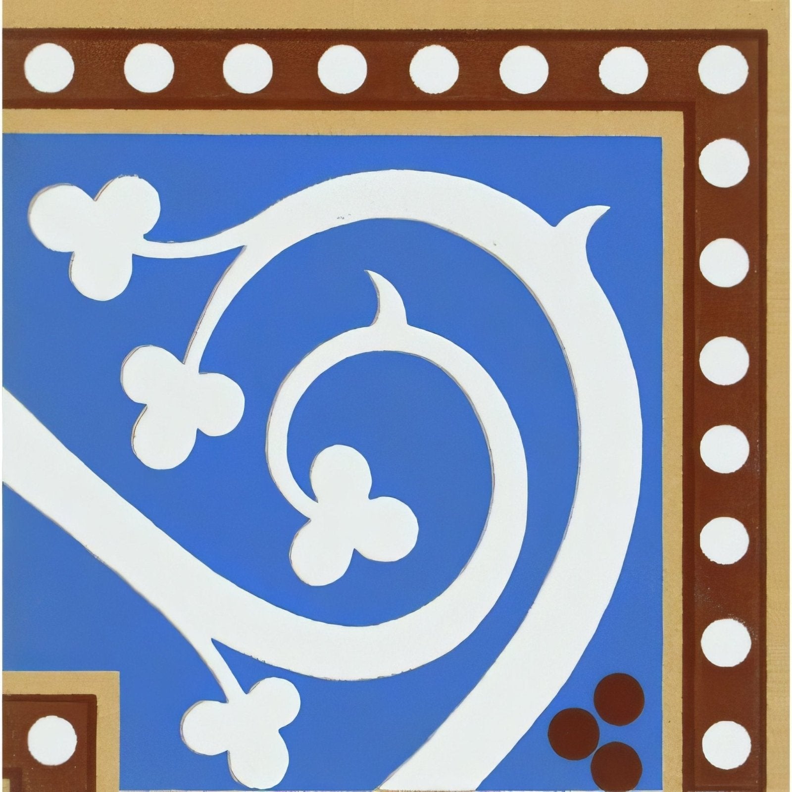 Kitchener Corner Blue tile with blue background white floral and vine patterns brown frame with white dots border