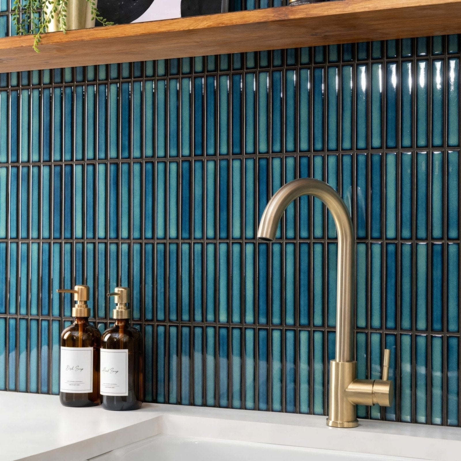 Brass gooseneck kitchen faucet in kitkat blue two tone mosaic finish ideal for stylish kitchen use