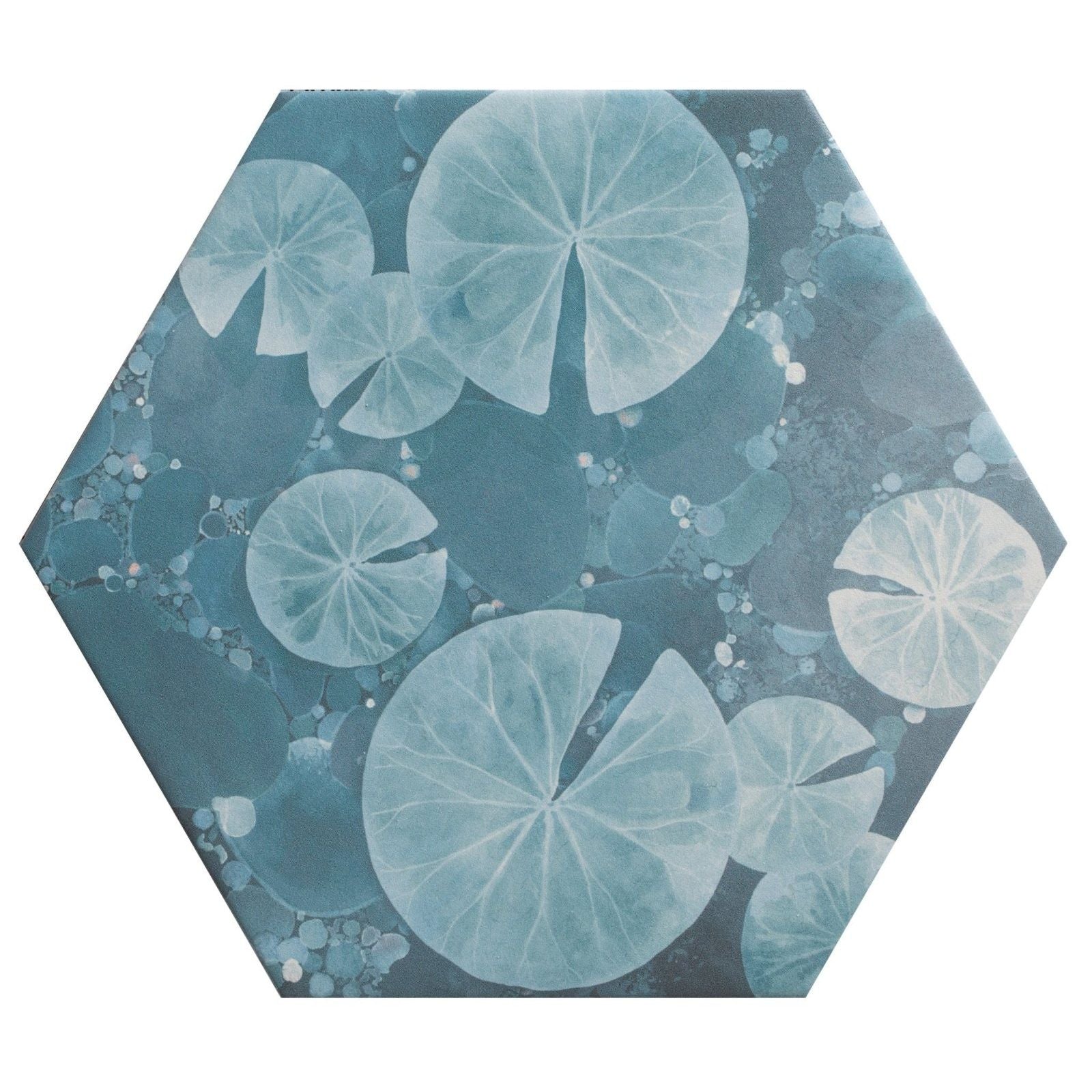 Hexagonal kiyosumi porcelain tile with serene aquatic design featuring light blue lily pads on dark teal water