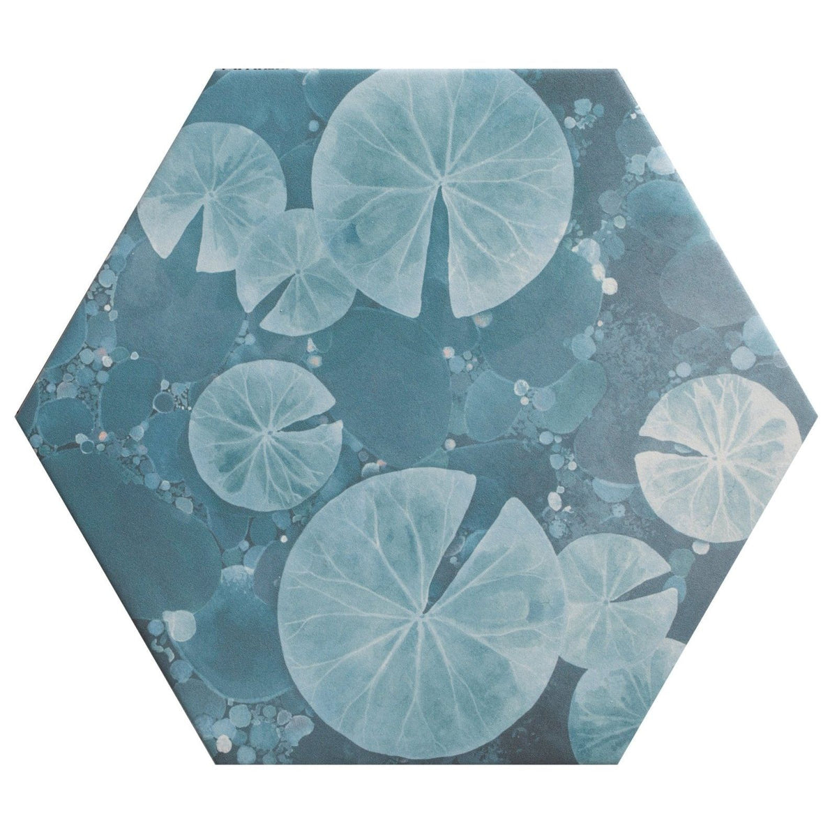 Hexagonal kiyosumi porcelain tile with serene aquatic design featuring light blue lily pads on dark teal water