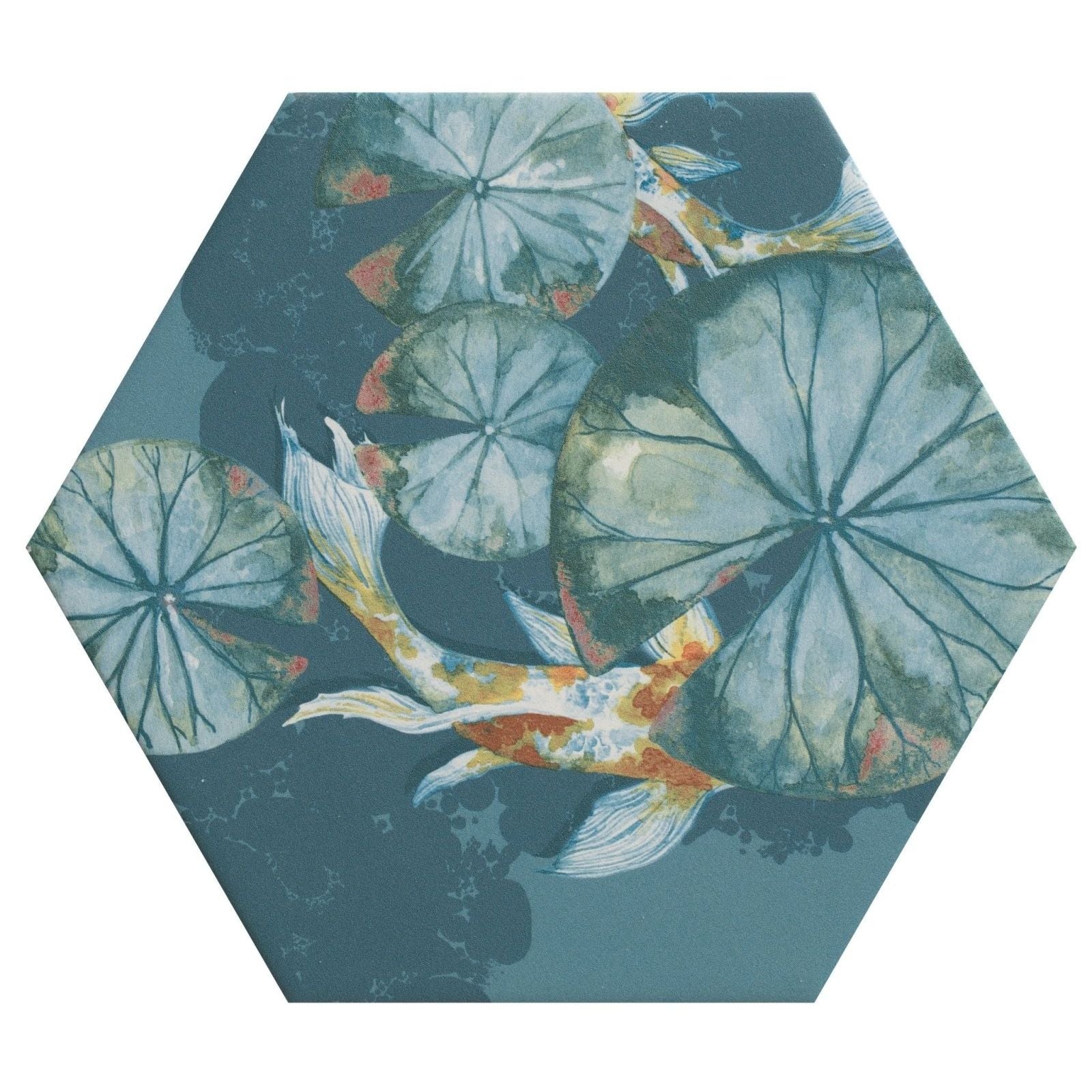 Hexagonal ceramic tile with watercolor koi fish and lily pads in teal green and orange from kiyosumi porcelain