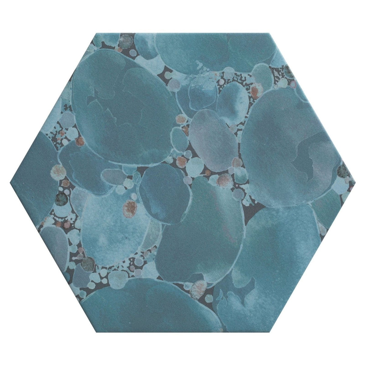Hexagonal Kiyosumi porcelain tile with modern blue green translucent bubbles and pink beige speckles on dark background