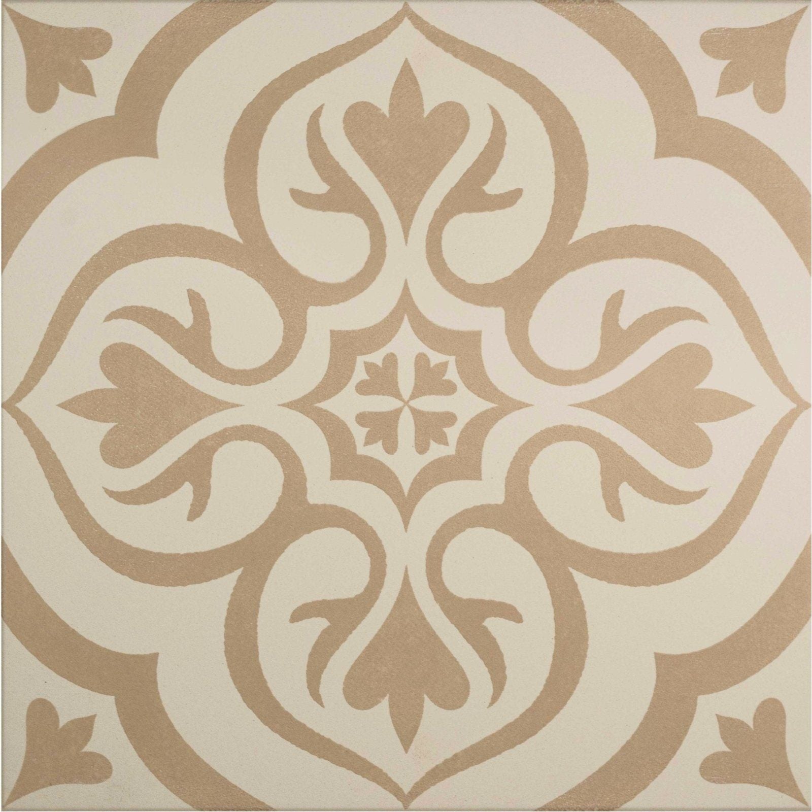 Beige and cream ornate patterned tile with symmetrical floral design in knightshayes taupe on chalk finish