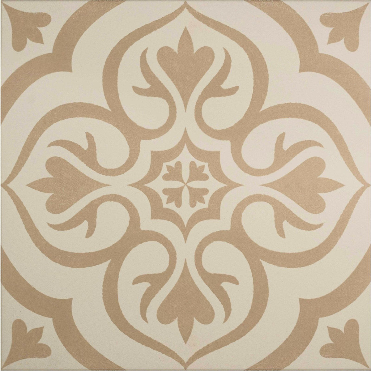 Beige and cream ornate patterned tile with symmetrical floral design in knightshayes taupe on chalk finish