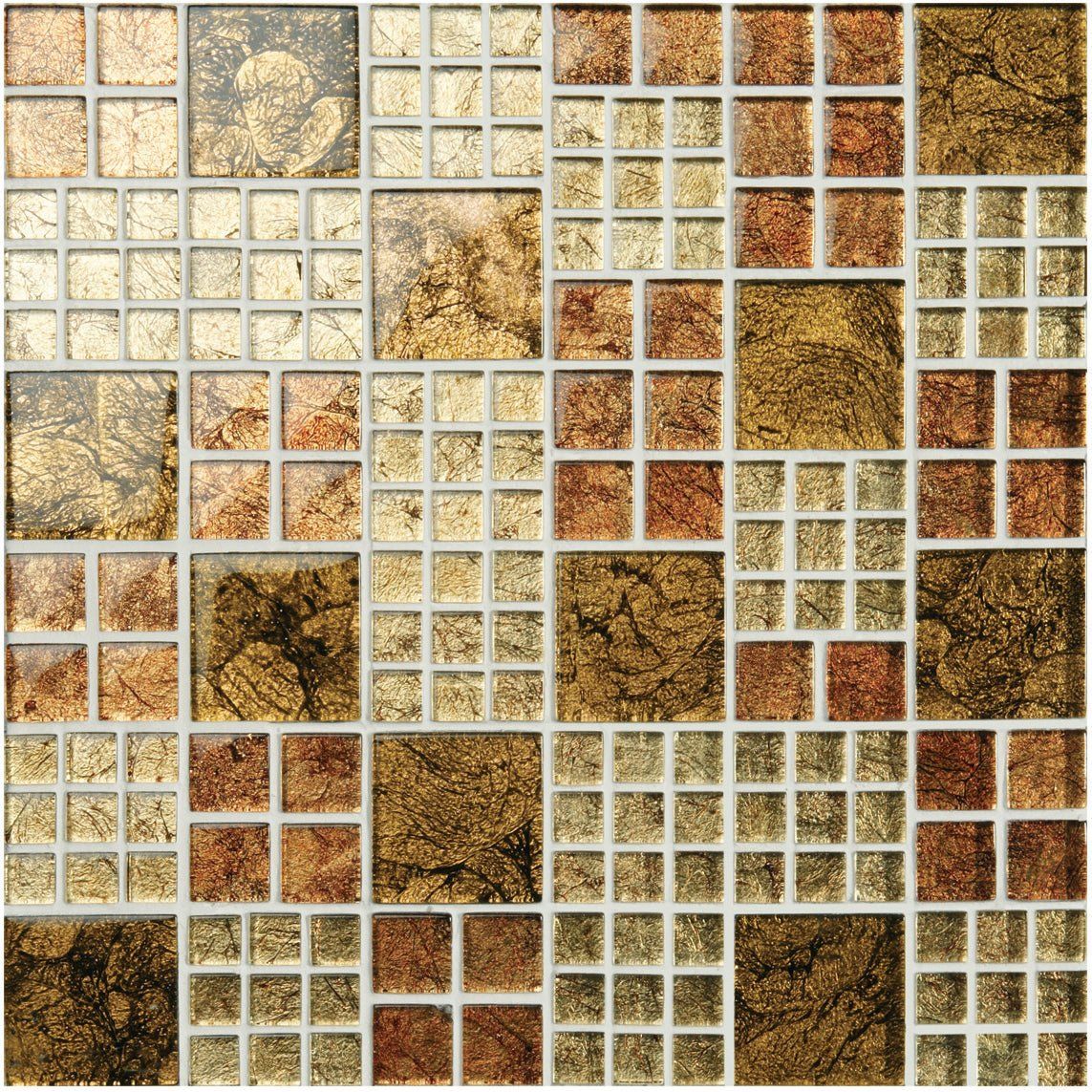 Kobushi Feng Shui glass mosaic tile panel with warm gold brown amber glass pieces and subtle metallic veining