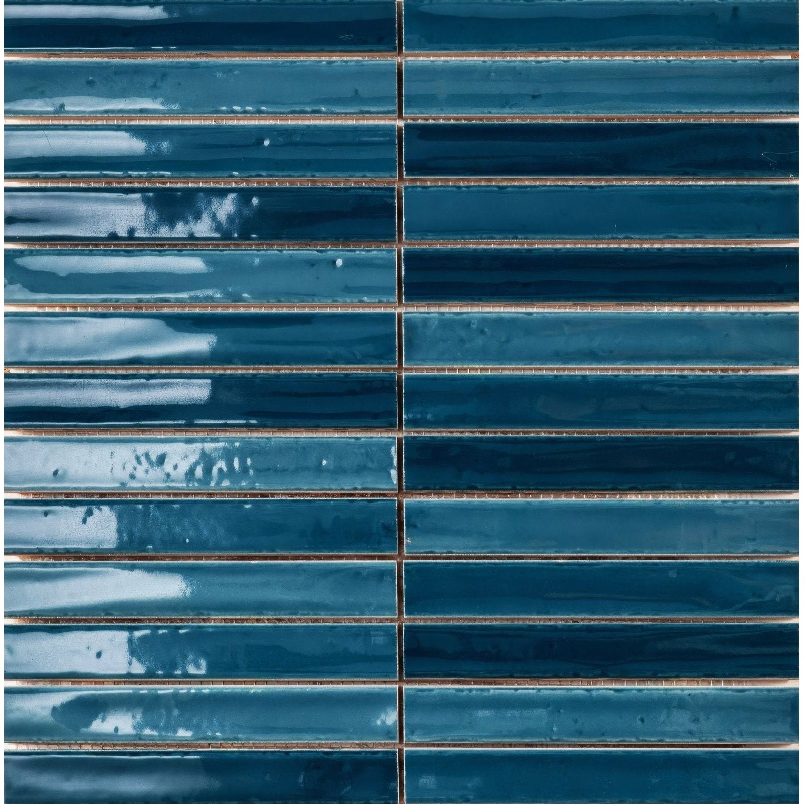 Blue glossy rectangular ceramic tiles with sapphire crackle finish arranged in a horizontal pattern with subtle shade variations