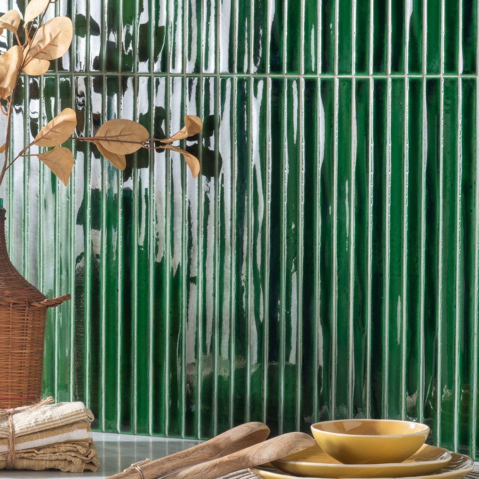 Vibrant emerald green koeda xl jungle crackle textured glass tiles with vertical ridges create a striking wall backdrop
