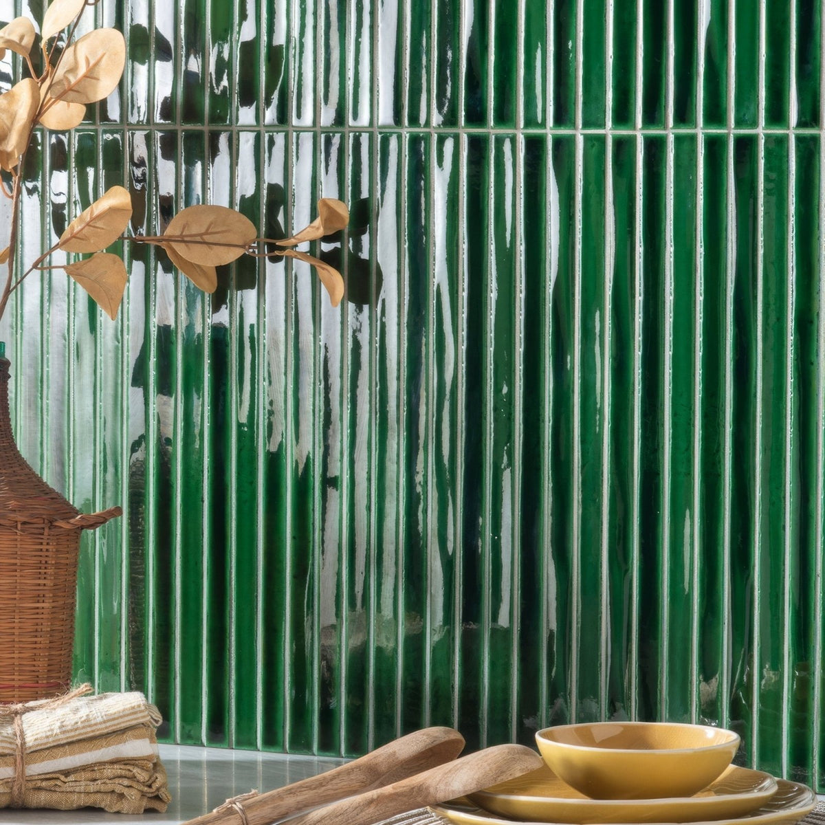 Vibrant emerald green koeda xl jungle crackle textured glass tiles with vertical ridges create a striking wall backdrop
