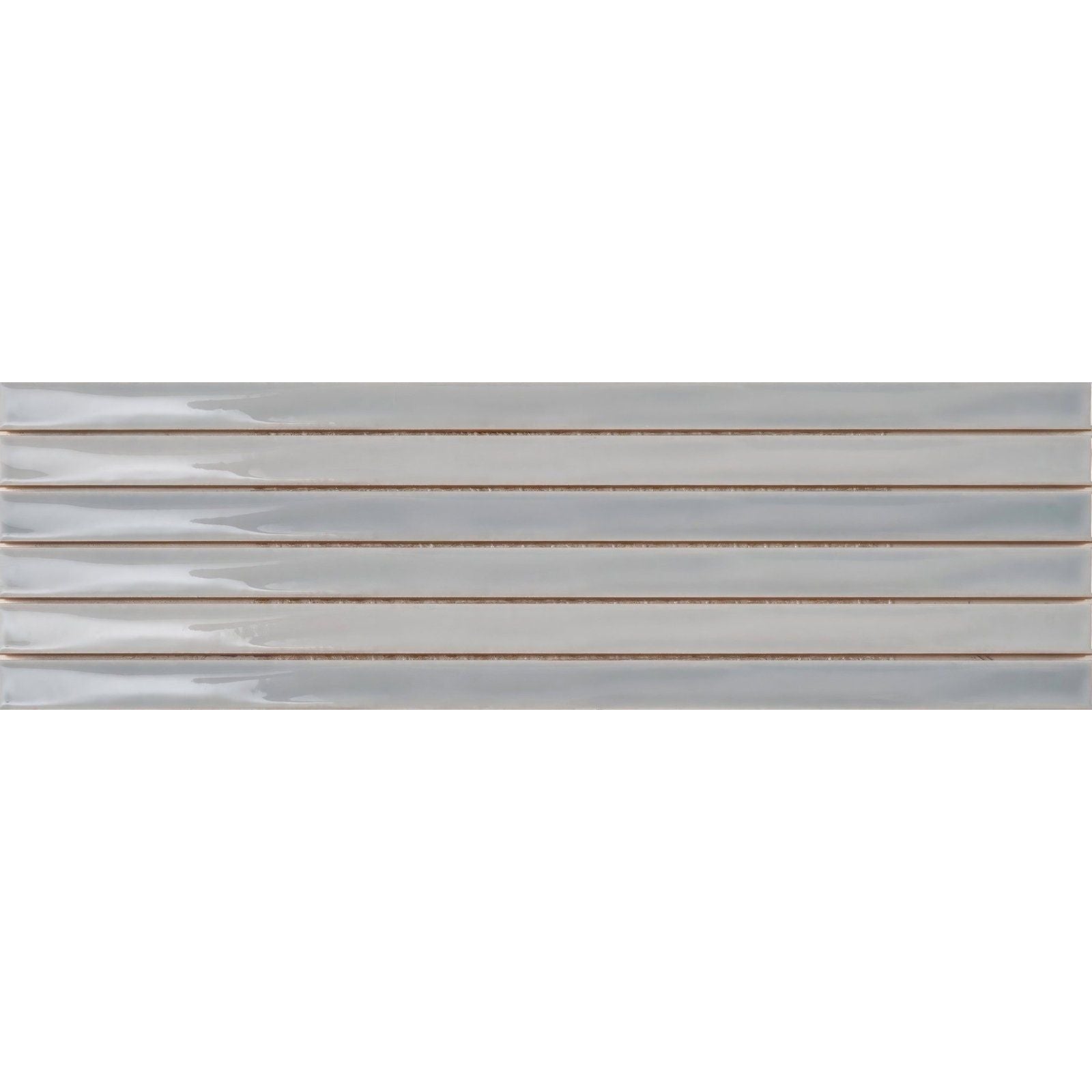 Six sleek glossy gray rectangular ceramic tiles arranged horizontally from koeda xl metropolitan collection