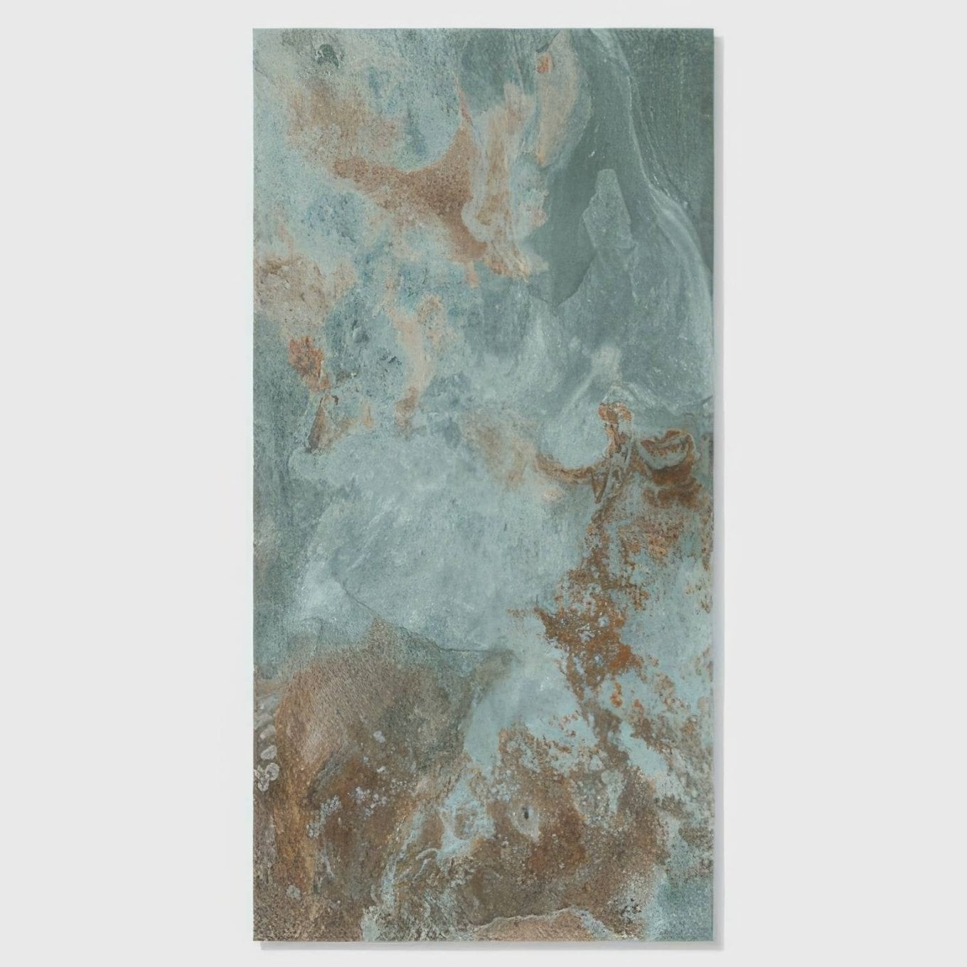 Komodo porcelain paving textured green rectangular tile with teal brown and white marbled pattern