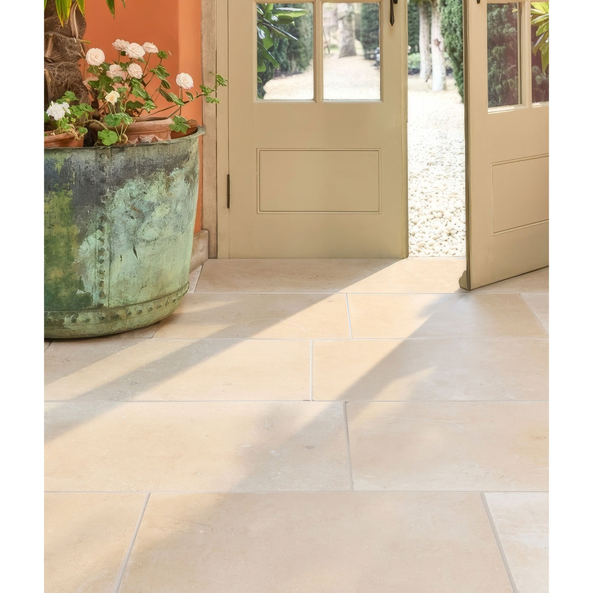 Beige lacock limestone tumbled finish stone floor tiles with smooth matte finish and subtle natural tone variations
