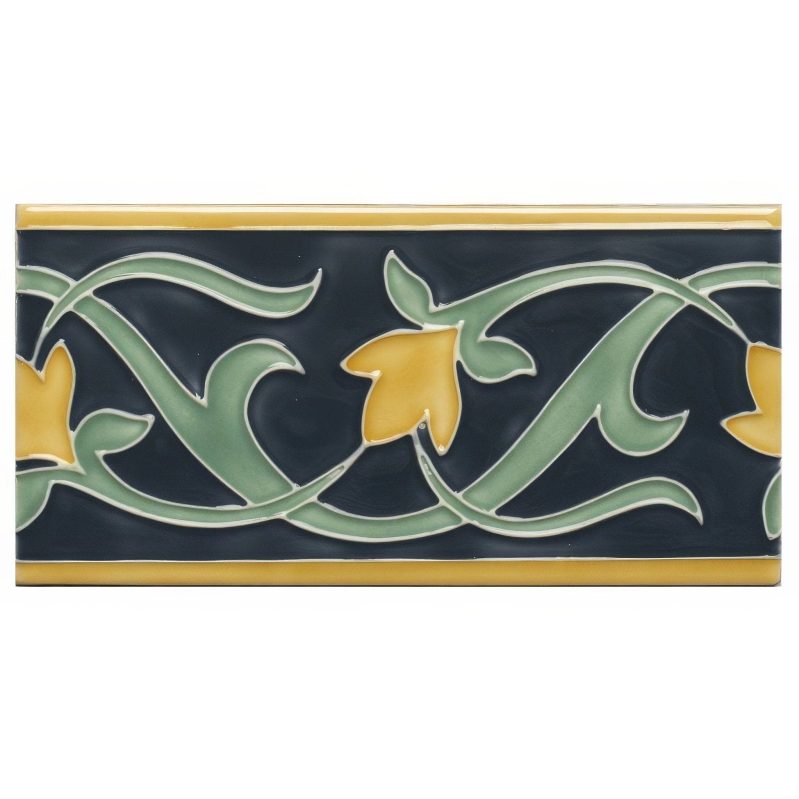 A rectangular ceramic tile with dark navy background and stylized green vines with yellow flowers on ascot blue lafluer border