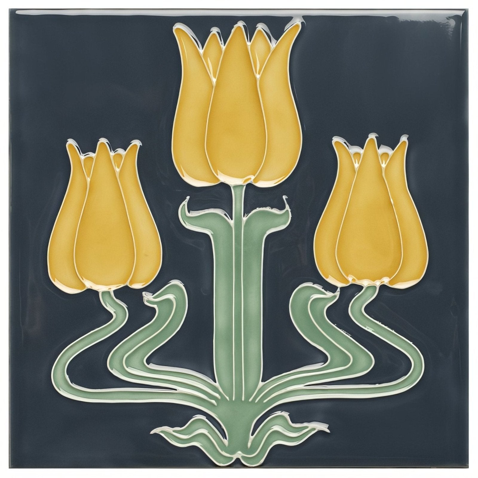 A square ceramic tile called lafleur on ascot blue featuring three stylized yellow tulips with green stems on navy